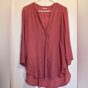 LUSH blouse 3/4 roll tab sleeve V-neck chiffon pullover in pink. Size XL.